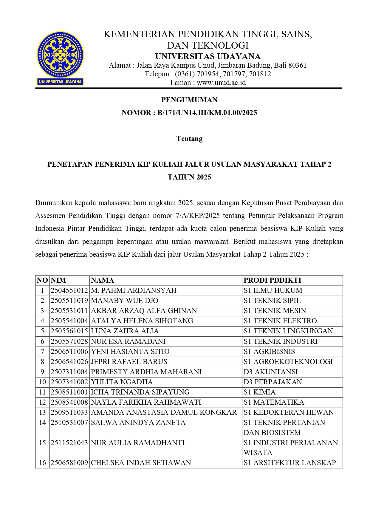 Decree on the Recipients of the KIP Kuliah Program via Community Proposal Track – Phase 2, Year 2025
