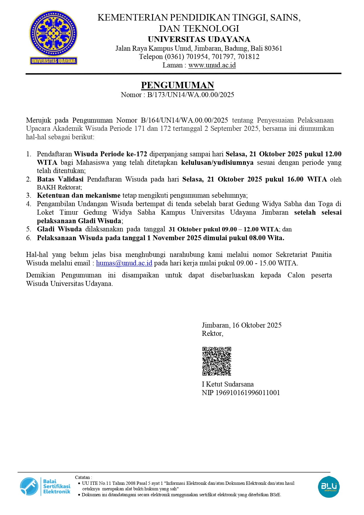 Informasi Pelaksanaan Wisuda Periode ke-172