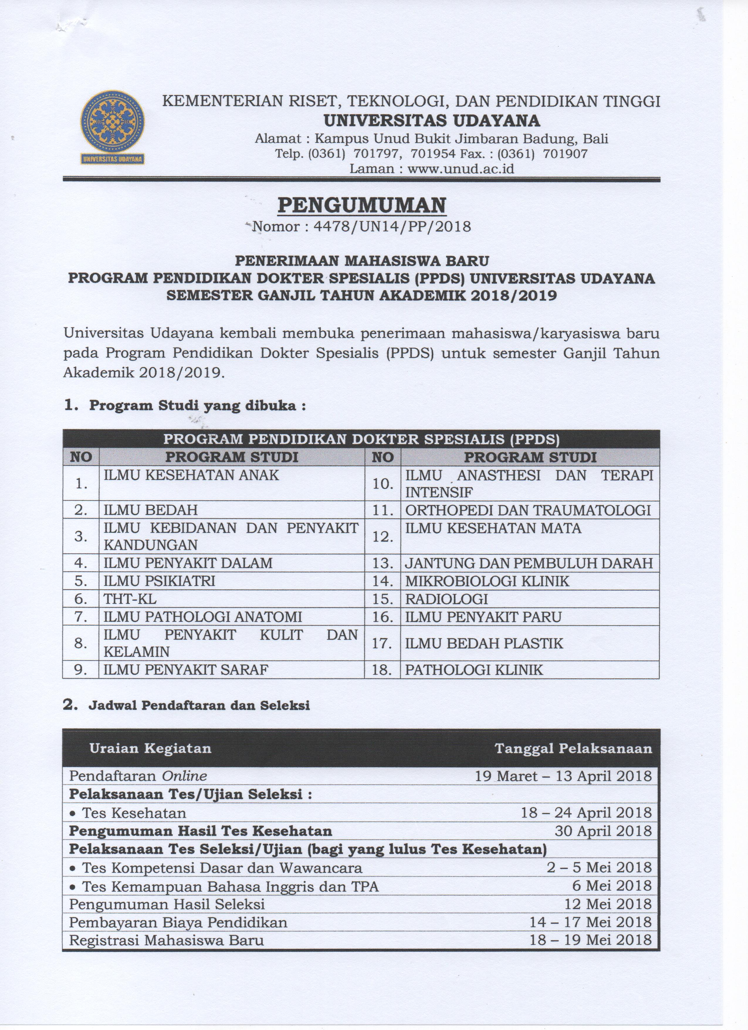 Pengumuman Penerimaan Mahasiswa Baru Pascasarjana Program Pendidikan Dokter Spesialis PPDS Universitas Udayana