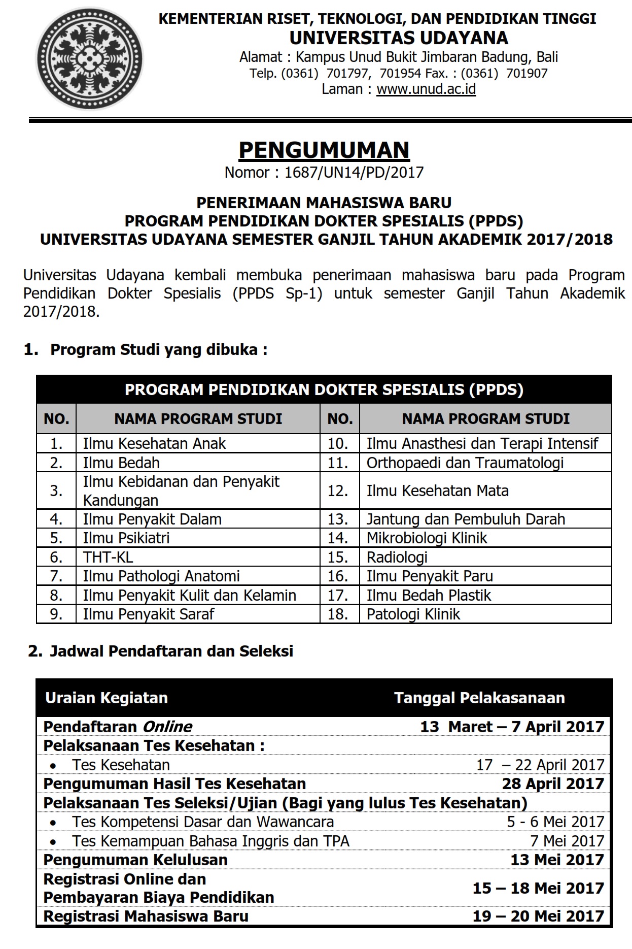 Penerimaan Mahasiswa Baru Program Pendidikan Dokter Spesialis PPDS Semester Ganjil Tahun Akademik 2017 2018